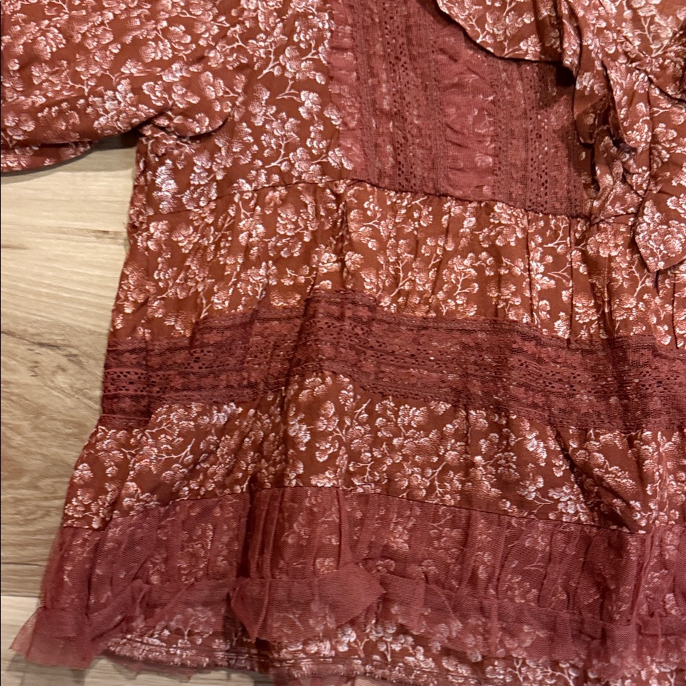 Anthropologie Burgundy Floral Ruffle Blouse - Picture 6 of 8
